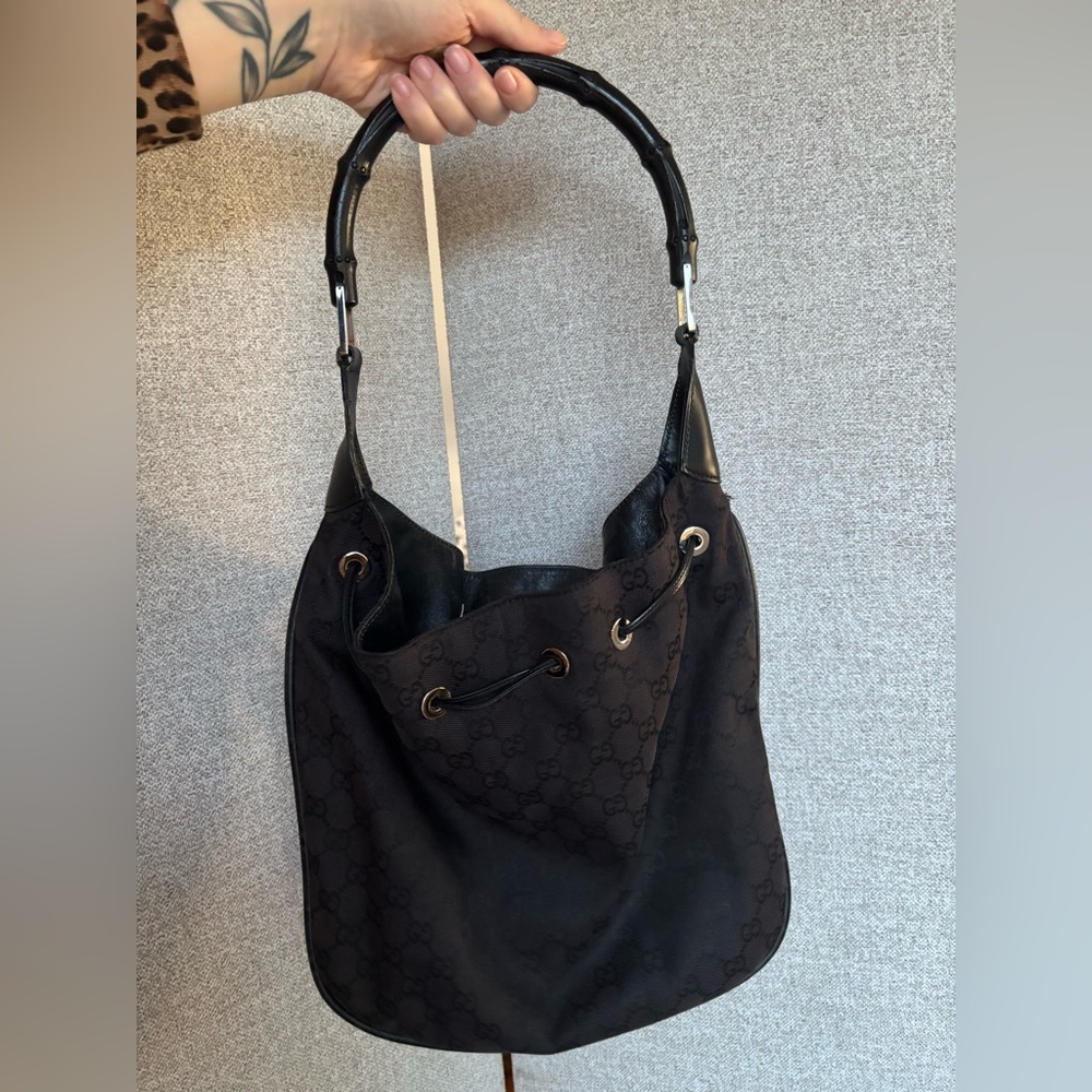 Gucci Black Bamboo Monogram Shoulder Bag - Picture 3 of 13